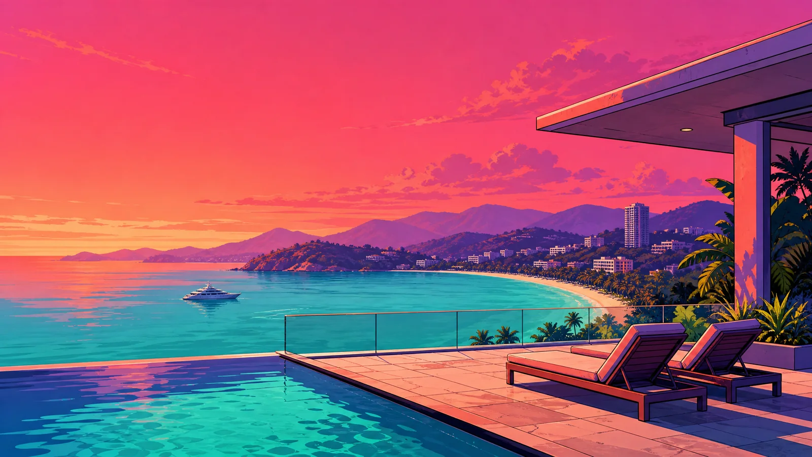 Pool terrace of a Phuket apartment above a turquoise bay at sunset, the view a rental unit is sold on