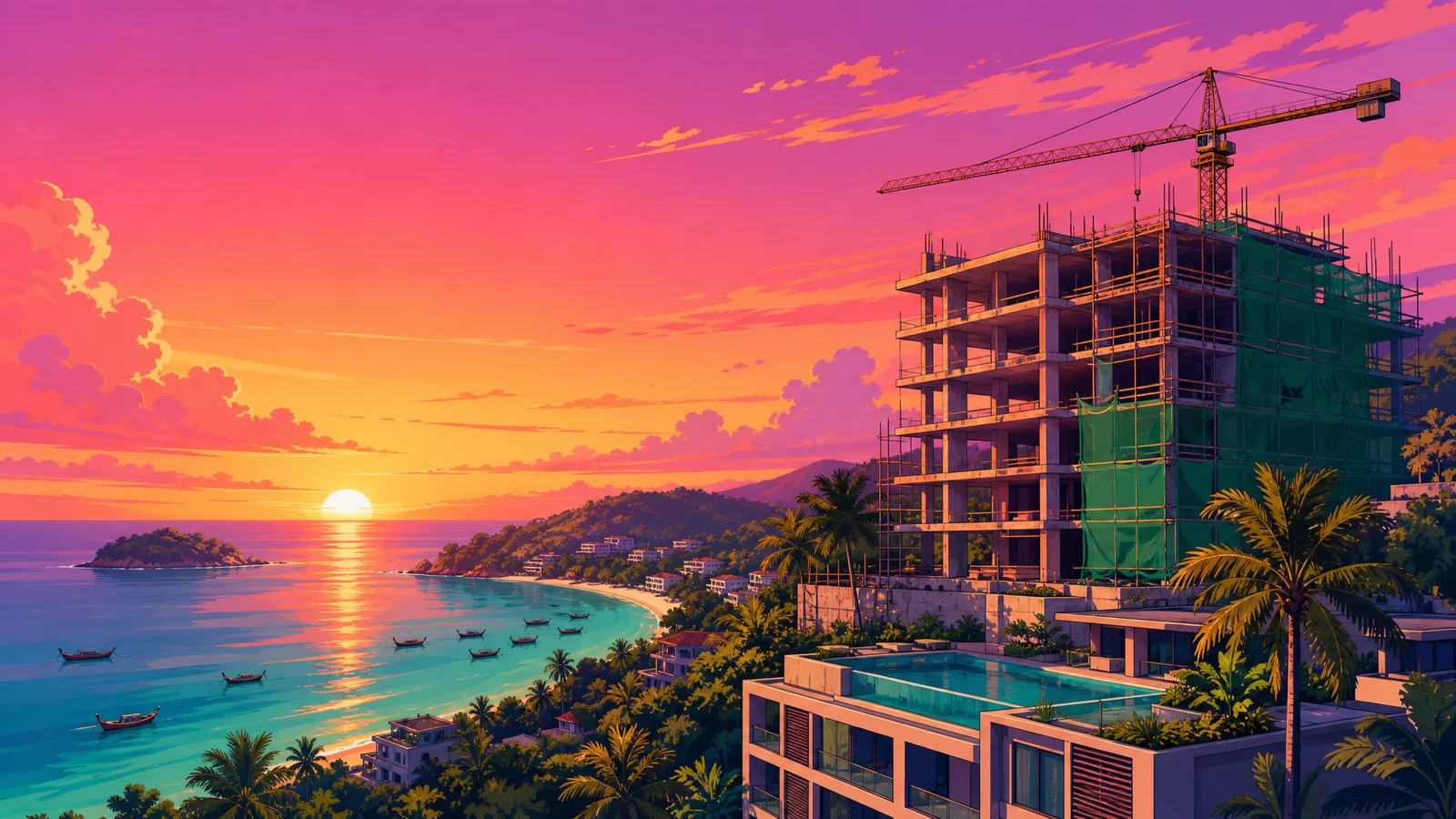 Illustration: sunset over a Phuket hillside. On the right, a seven-storey condominium frame under construction with a tower crane, scaffolding and green safety netting; in the foreground, a finished neighbouring condo with a rooftop pool and palms. A curved bay with longtail boats and a small island below