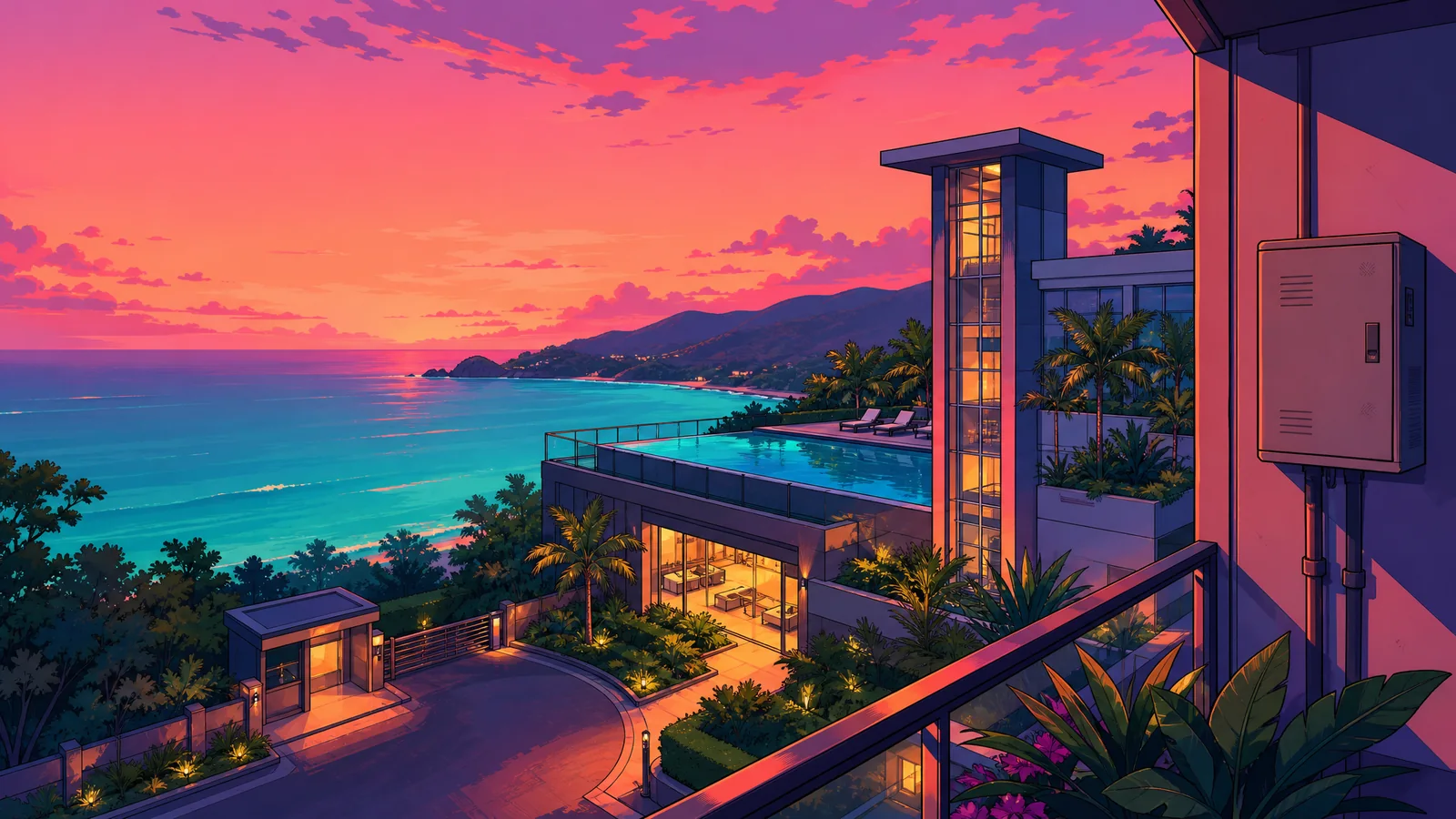 Illustration: view from a condo balcony on Phuket's west coast at sunset. Below are a rooftop pool, a glass lift tower, a lit lobby, gardens and a guard booth at the gate; a utility meter cabinet hangs on the wall in the foreground, the turquoise sea and hills beyond
