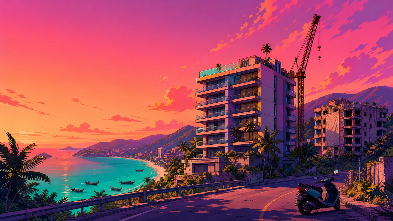 Illustration: sunset over a Phuket hillside road. In the centre, a nearly finished seven-storey condominium with a rooftop pool and a tower crane beside it; on the right, a half-empty older block with dark windows and a blank faded banner among overgrown plots. A bay with longtail boats on the left and a parked scooter in the foreground